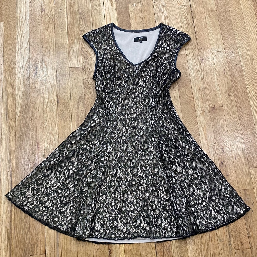 ABS Black/Gold Lace Faux Leather Trim Dress Size 8